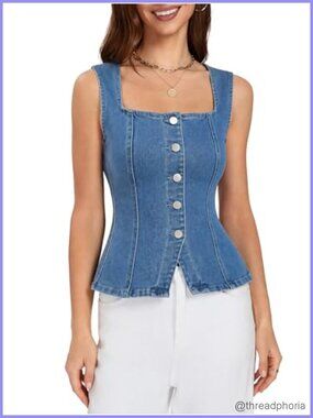 Denim Vest for Women Stretch Button Jean Tank Peplum Top